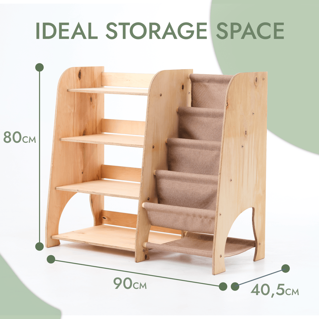 Wooden Montessori Shelves for Toddler 2in1: Bookshelf & Toy Shelving